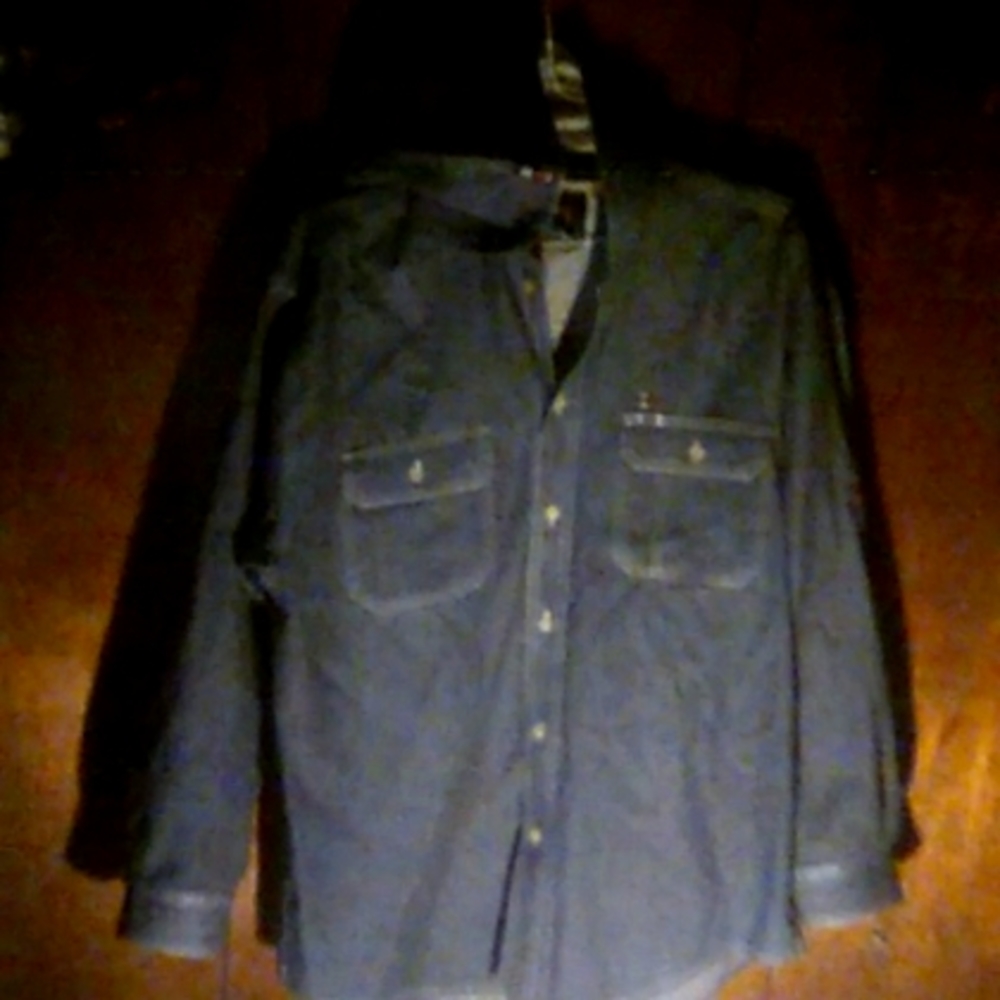Bugle boy denim blue jean button down long sleeve hooded shirt